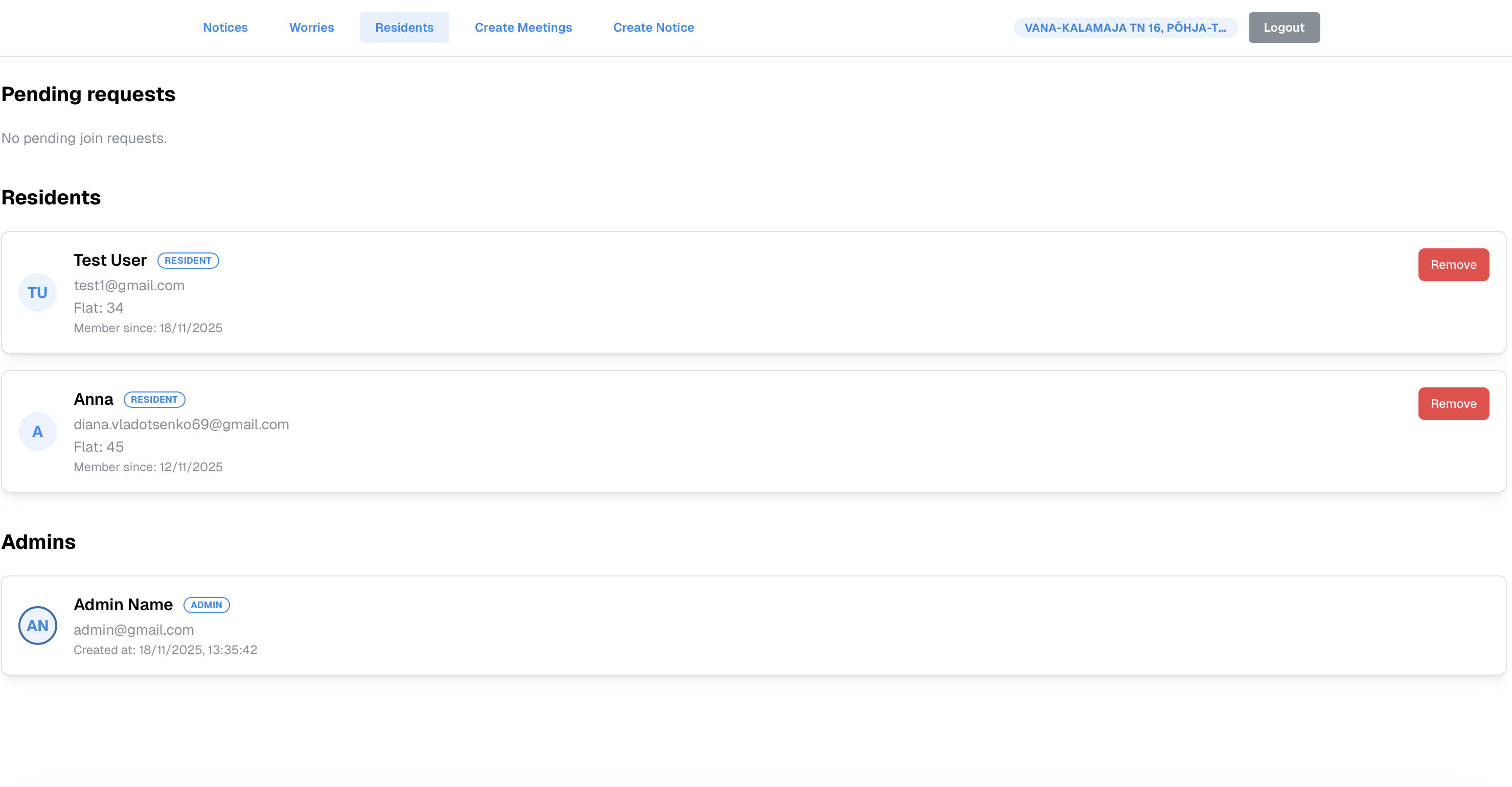 Admin residents view